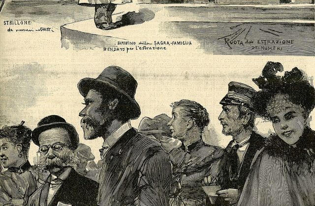 Stampa d’epoca: il pubblico all’estrazione del lotto a Roma